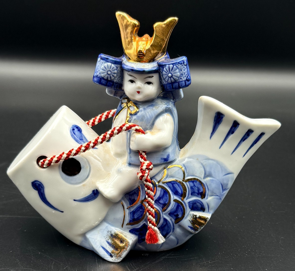 Japanese Gogatsu Ningyo May Doll Young Samurai Warrior Riding Carp Koinobori